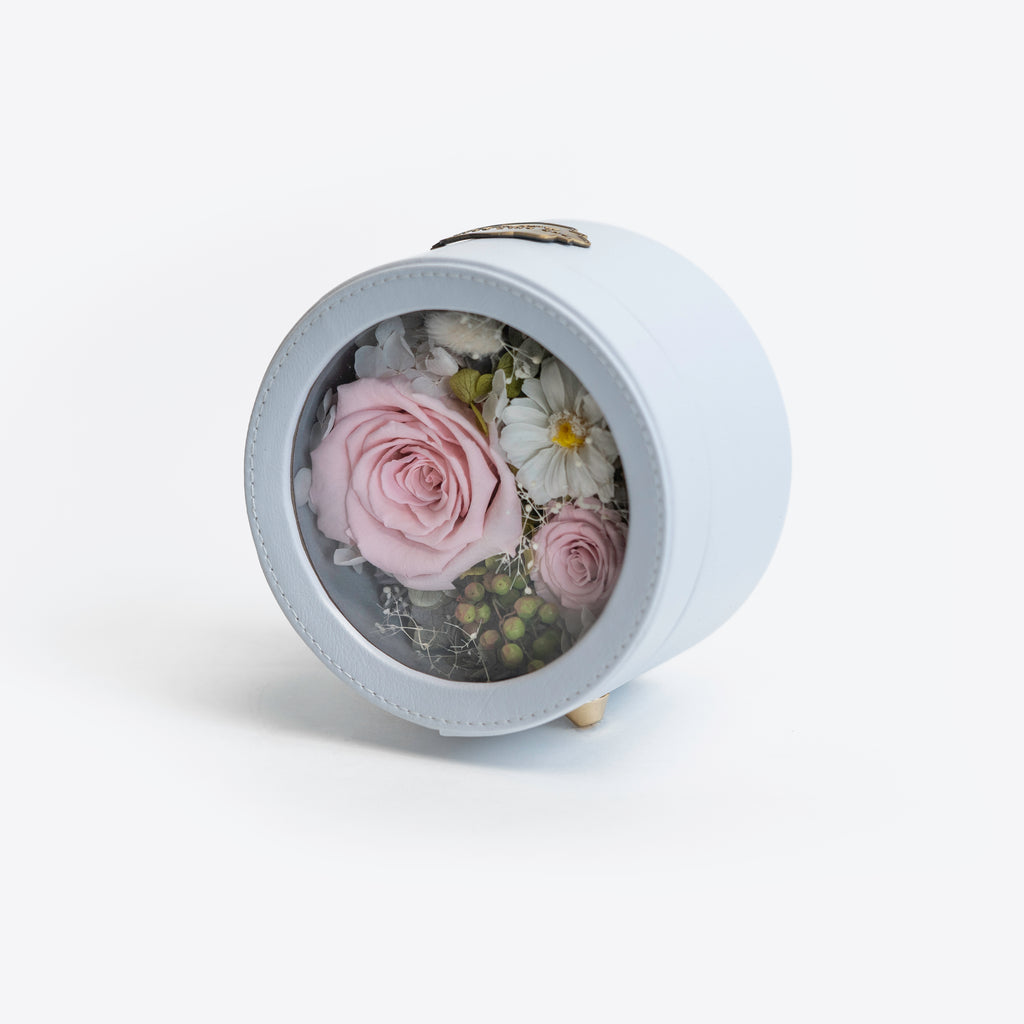 White Leather Round Shadow Box Mixed Floral TheOnlyRoses