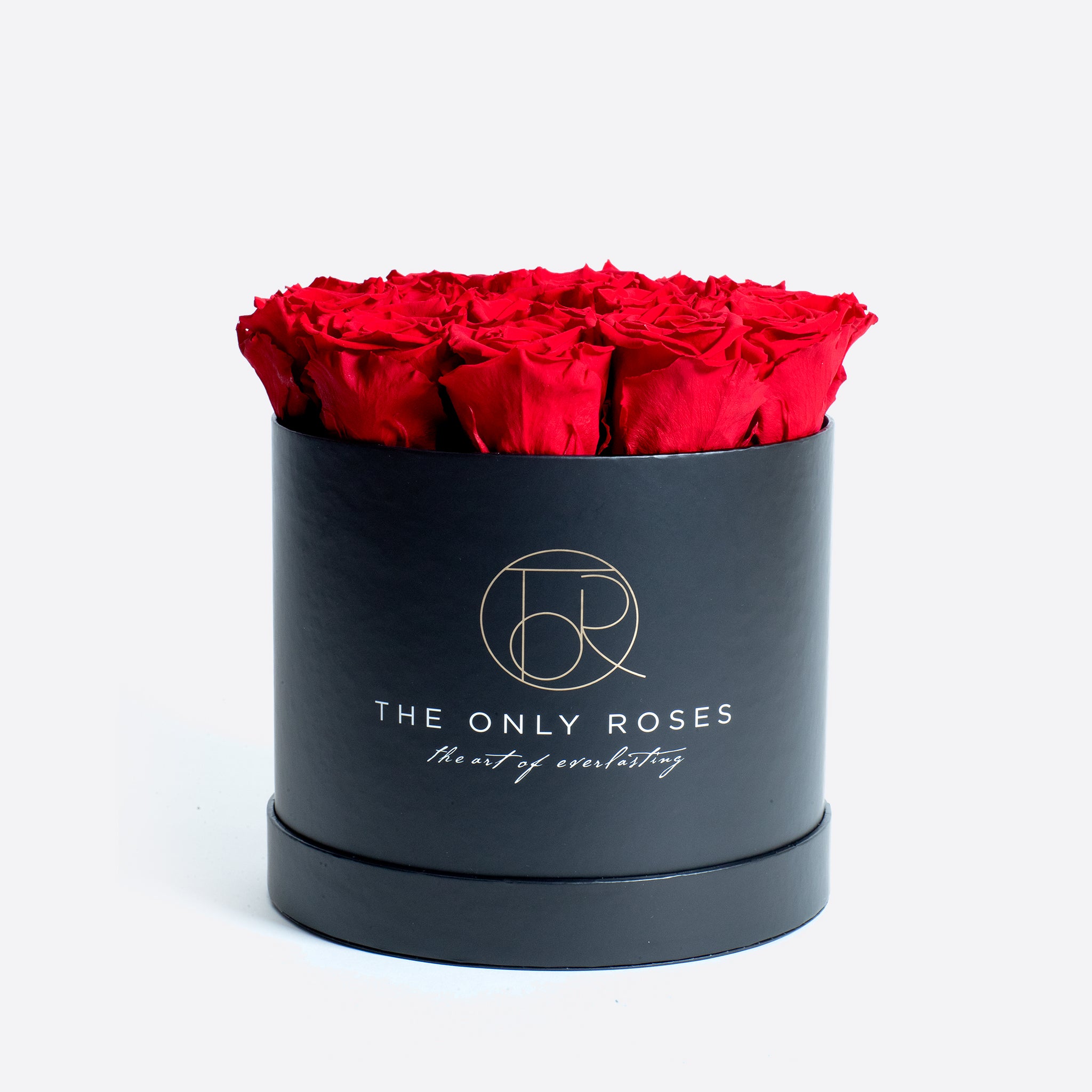 Medium Round Black Hat Box with Two Dozen Red Everlasting Preserved Roses | The Only Roses