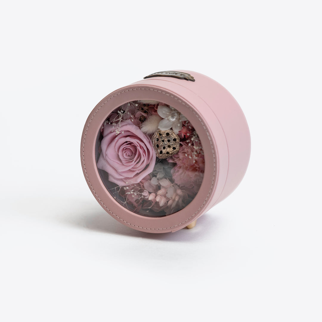 Pink Leather Round Shadow Box Mixed Floral