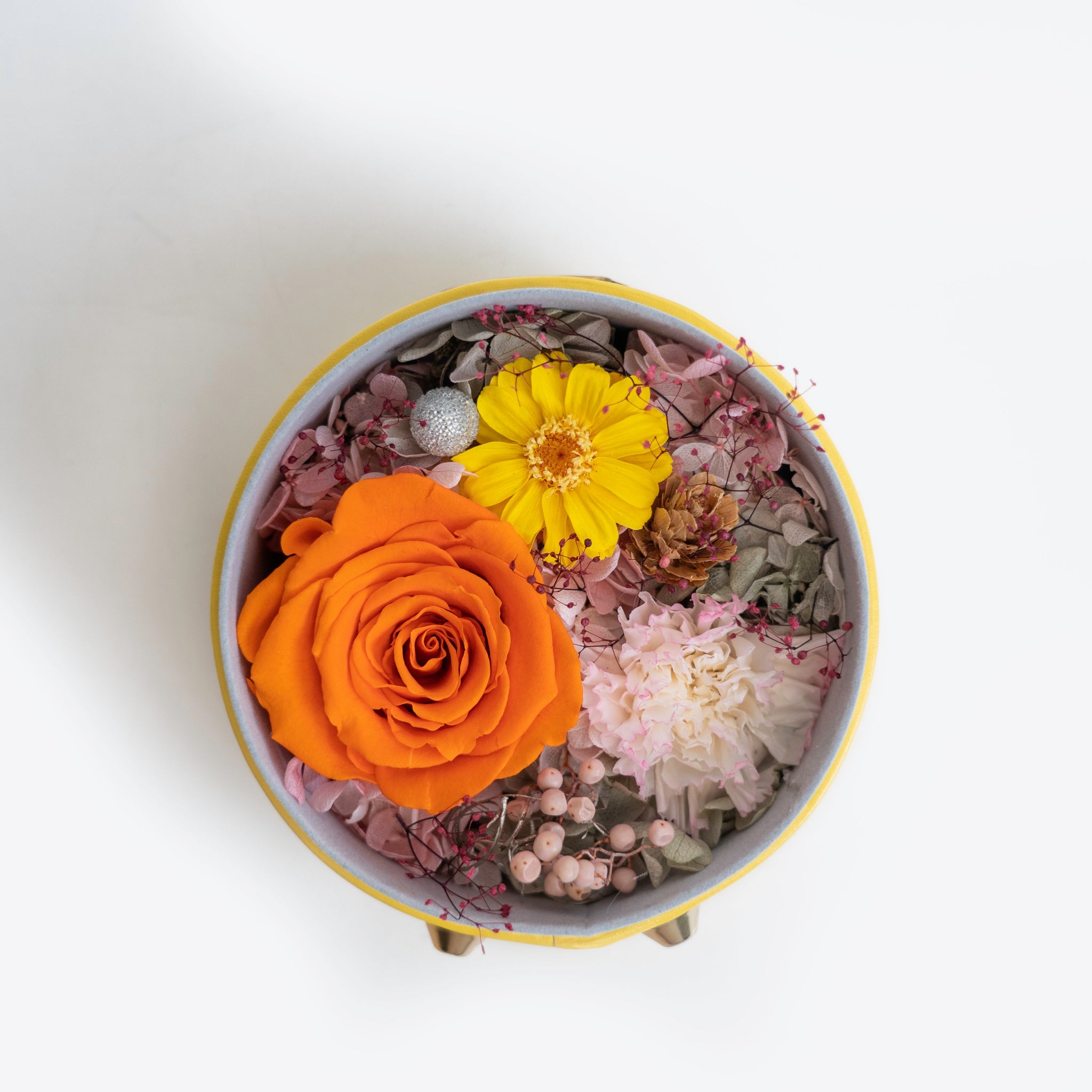 Yellow Leather Round Shadow Box Mixed Floral