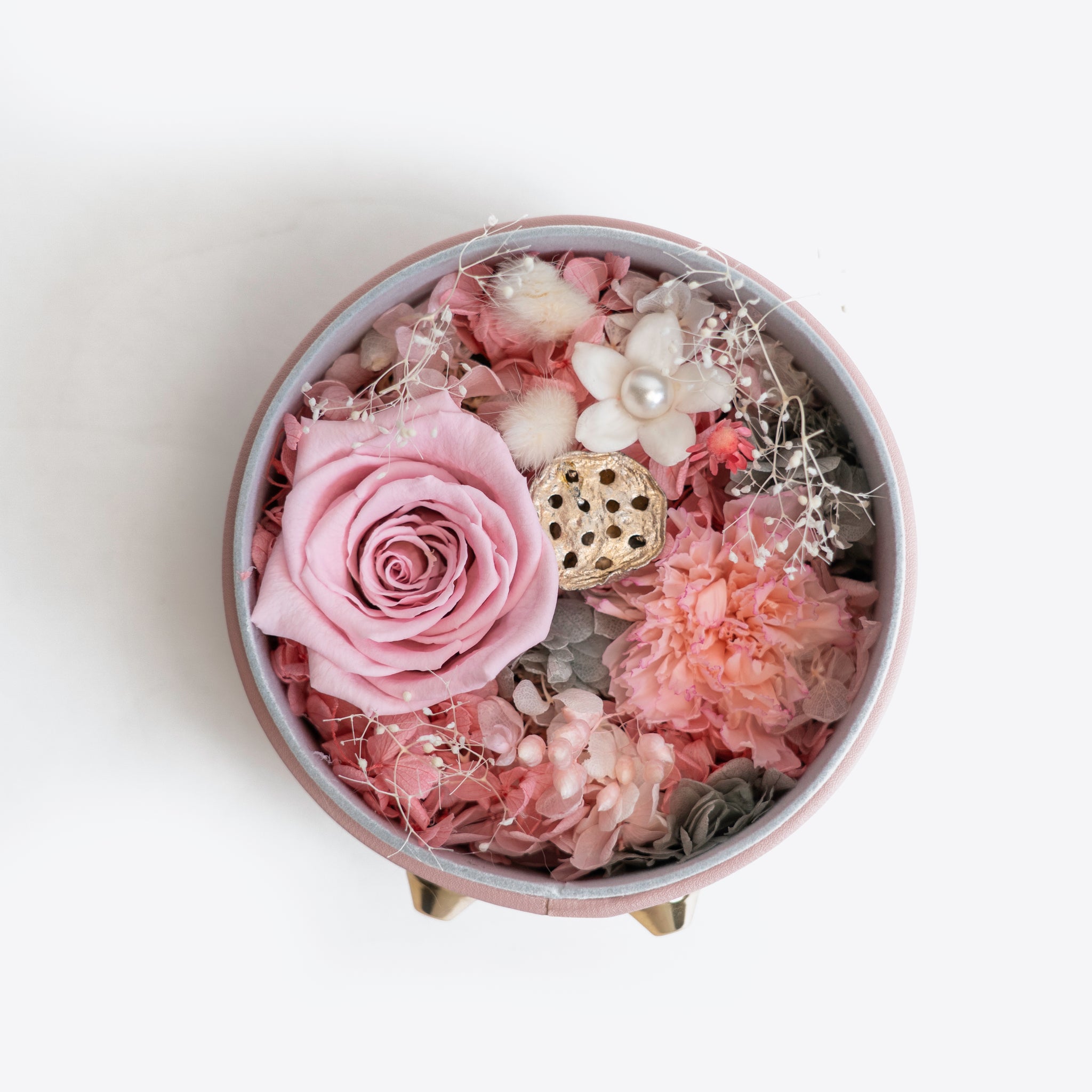 Pink Leather Round Shadow Box Mixed Floral