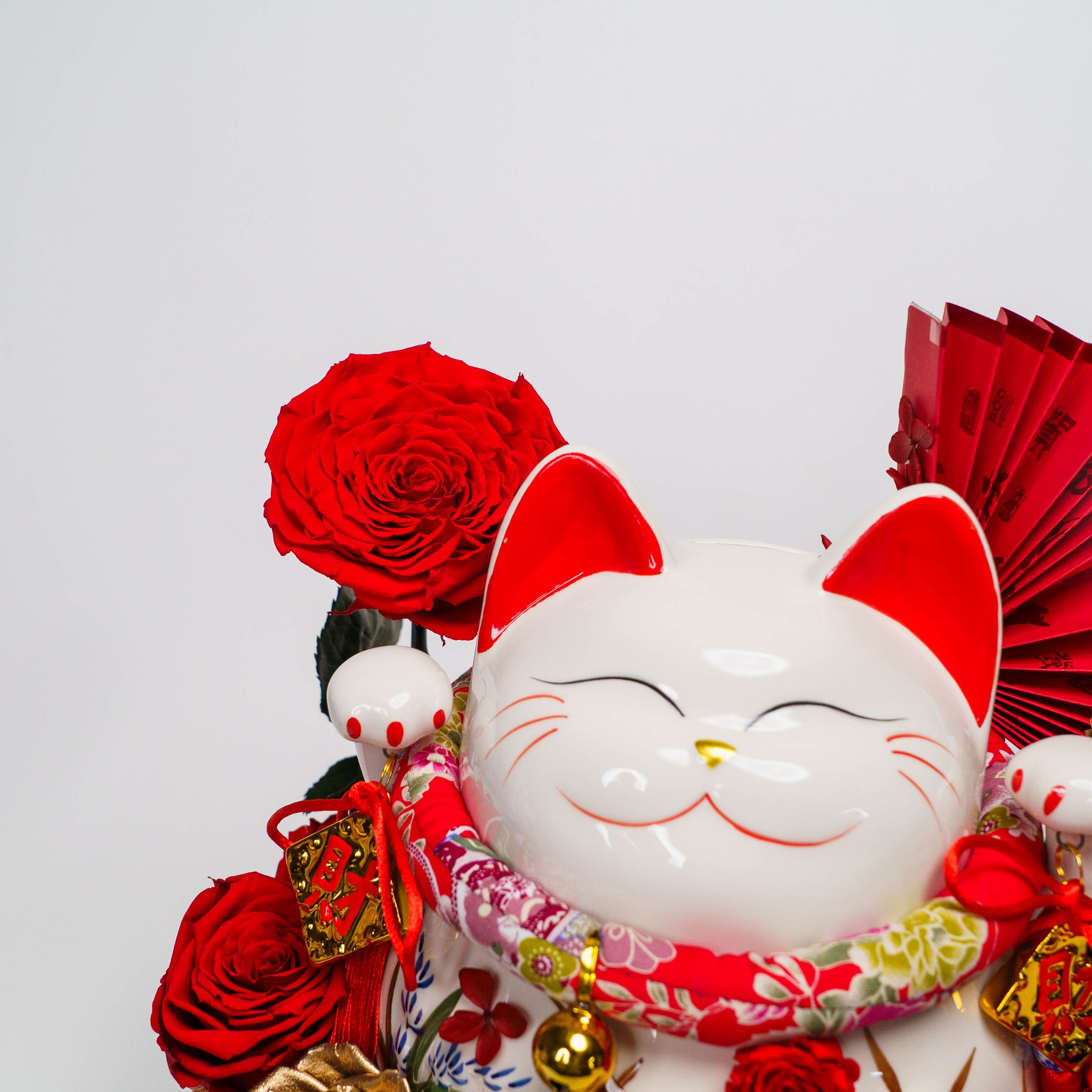 Luxury Maneki Neko Lucky Fortune Cat Red Mixed Floral Design