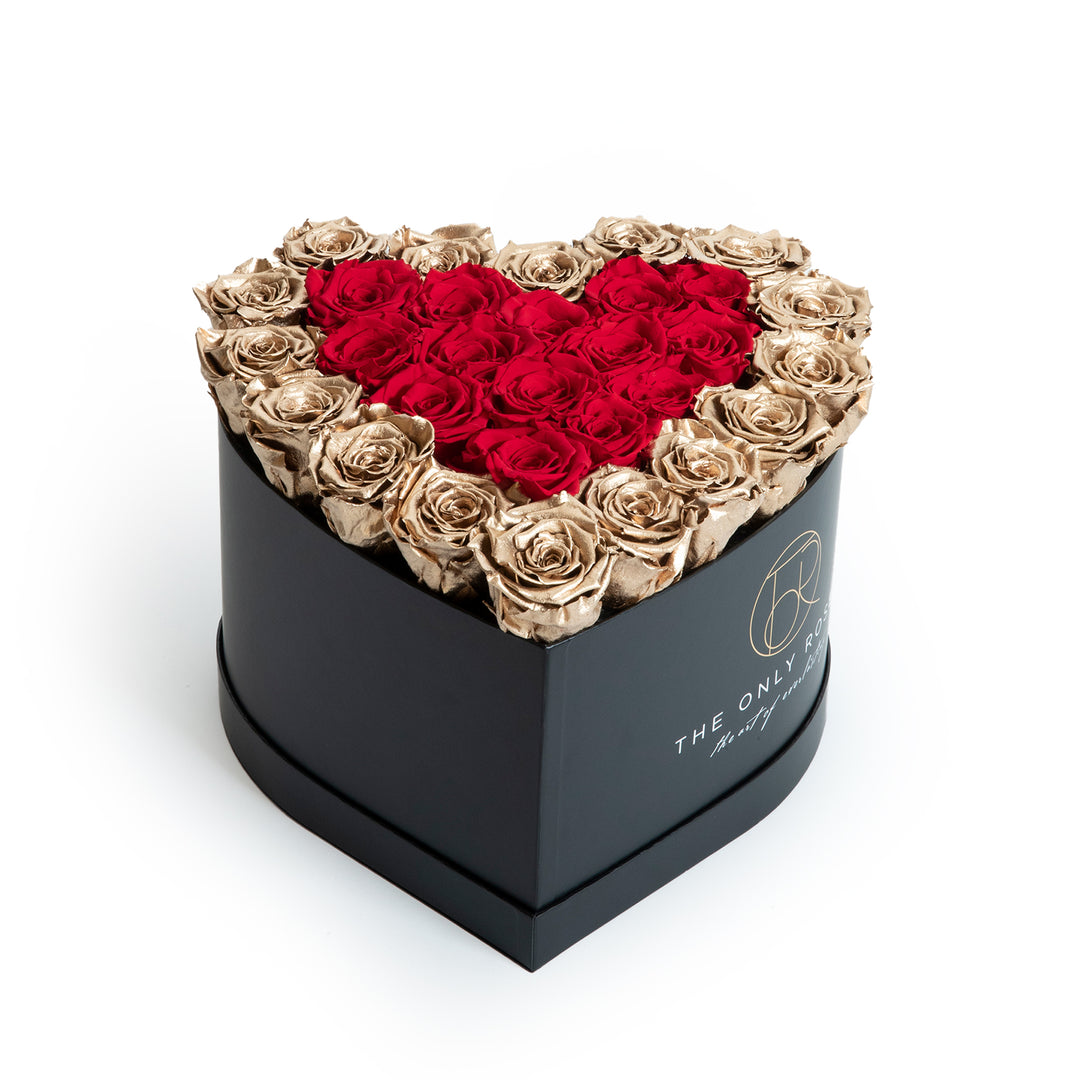 Gold and Red Everlasting Roses Black Hat Box Heart
