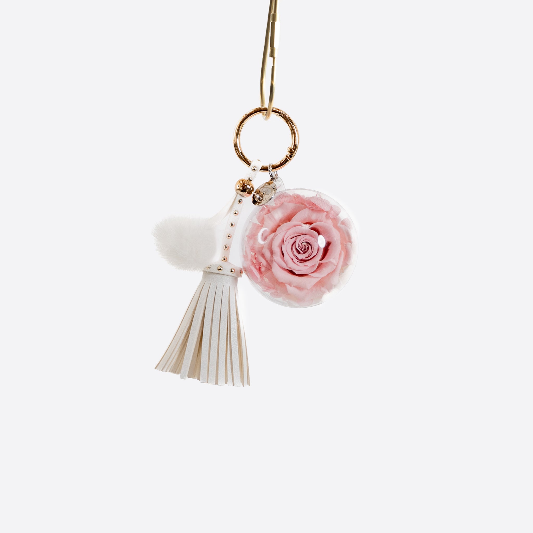 Everlasting Preserved Rose Blush Tassel Fluffy Ball Luxury Keychain | The Only Roses