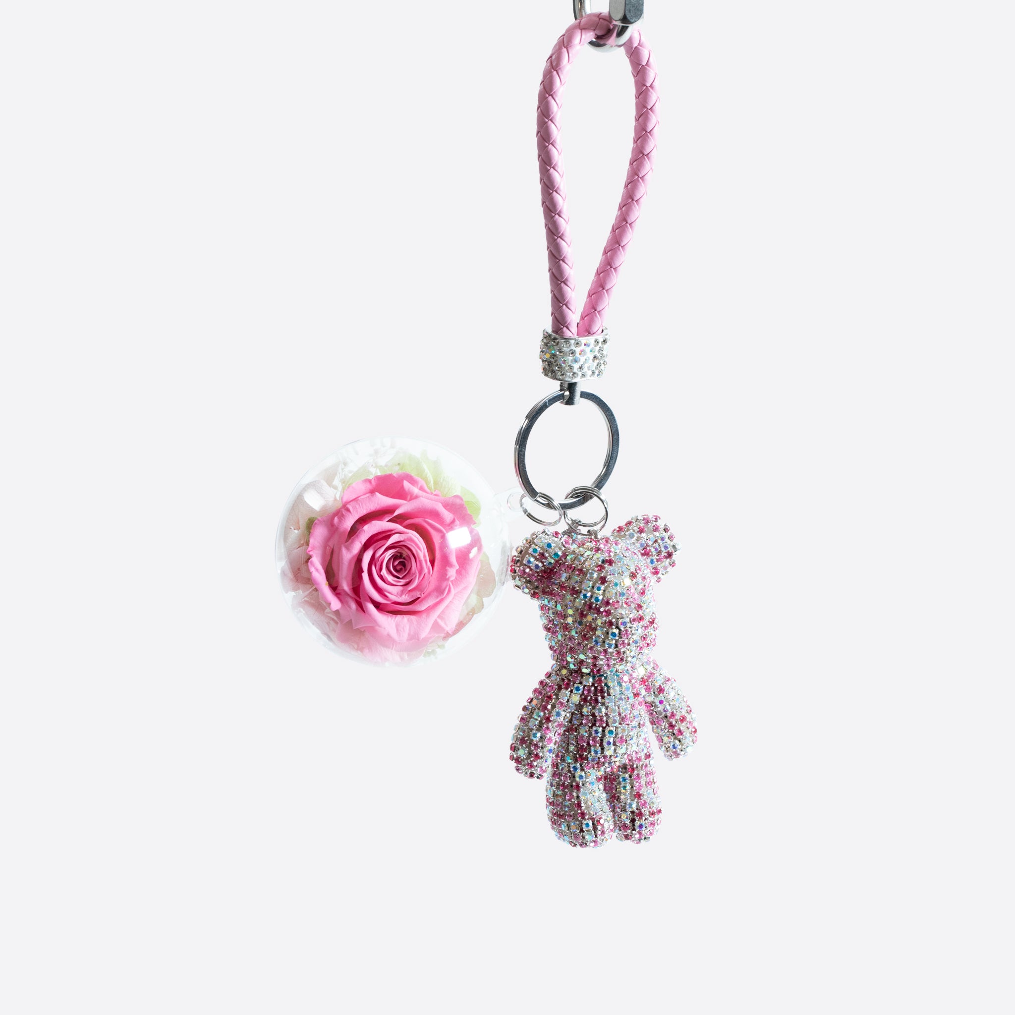 Everlasting Preserved Rose Pink Fluffy Ball Luxury Keychain | The Only Roses