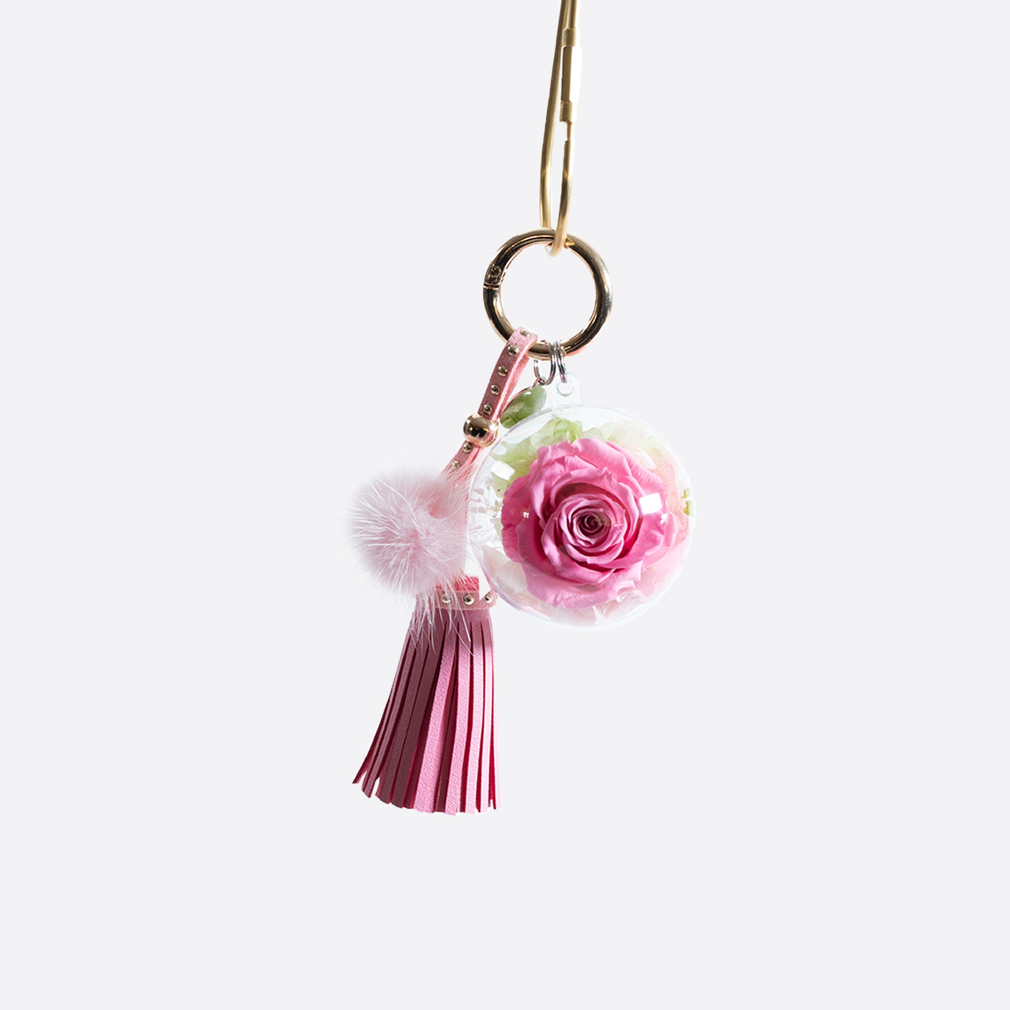 Everlasting Preserved Rose Pink Fluffy Ball Luxury Keychain | The Only Roses