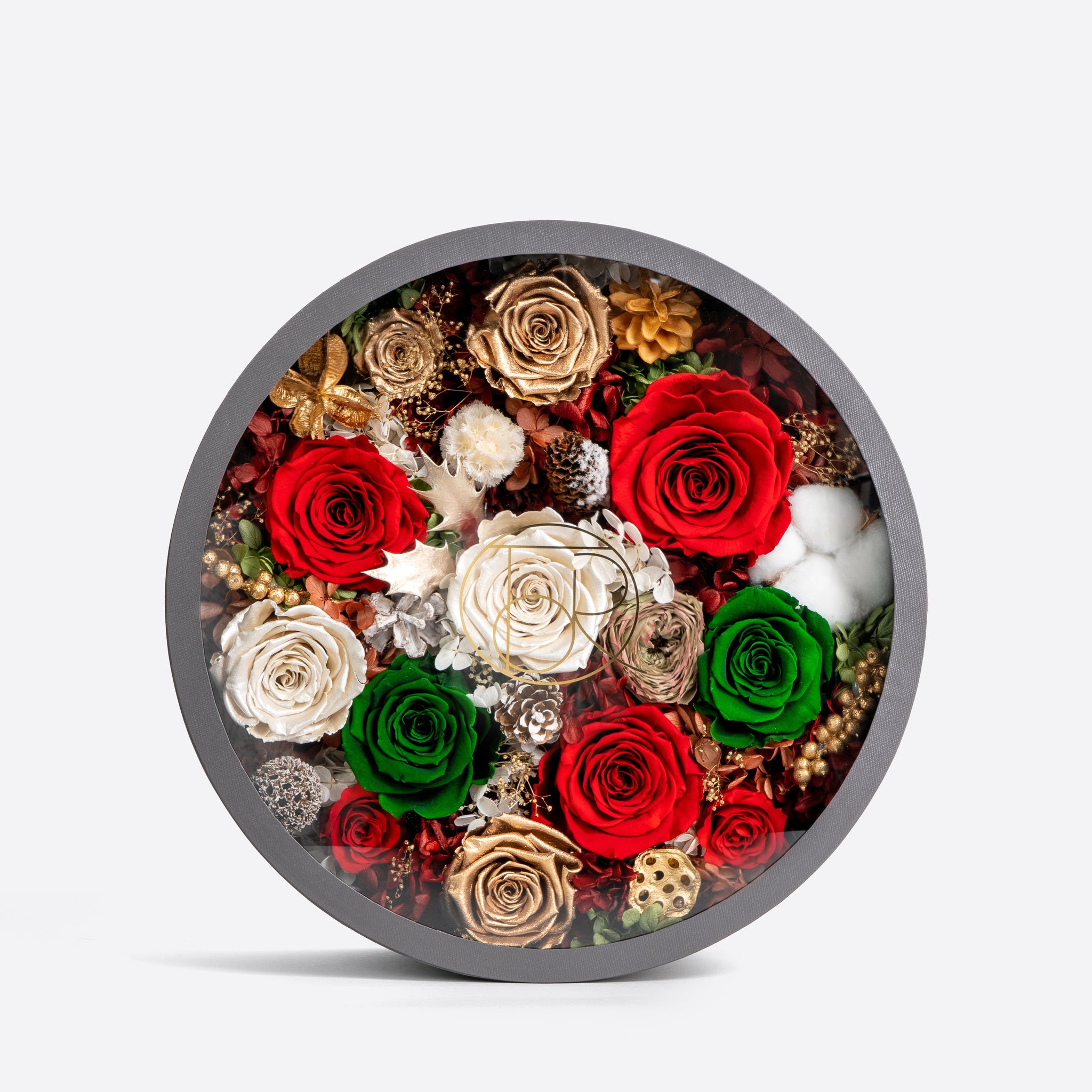 Gray Classic Large Round Shadow Box Mixed Floral Holiday Edition