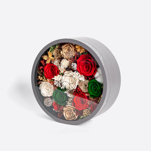 Gray Classic Large Round Shadow Box Mixed Floral Holiday Edition