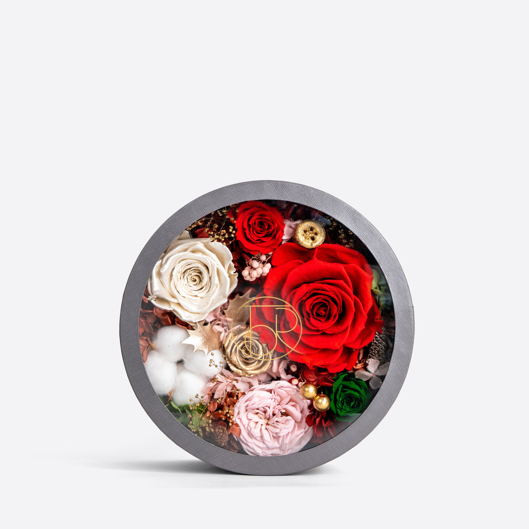 Gray Classic Small Round Shadow Box Mixed Floral Holiday Edition